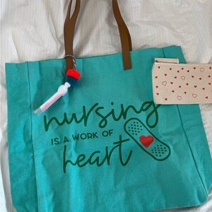 Teal Nursing Tote Bag with Heart Design NEW